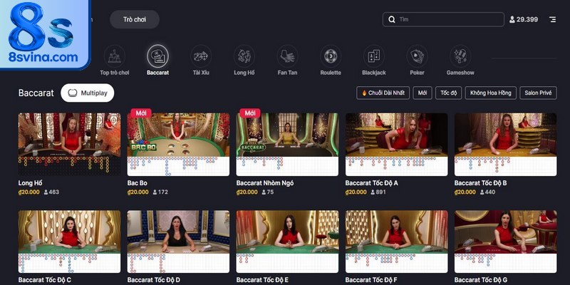 Danh mục game ăn khách nhất tại sảnh Casino trên nền tảng 8S